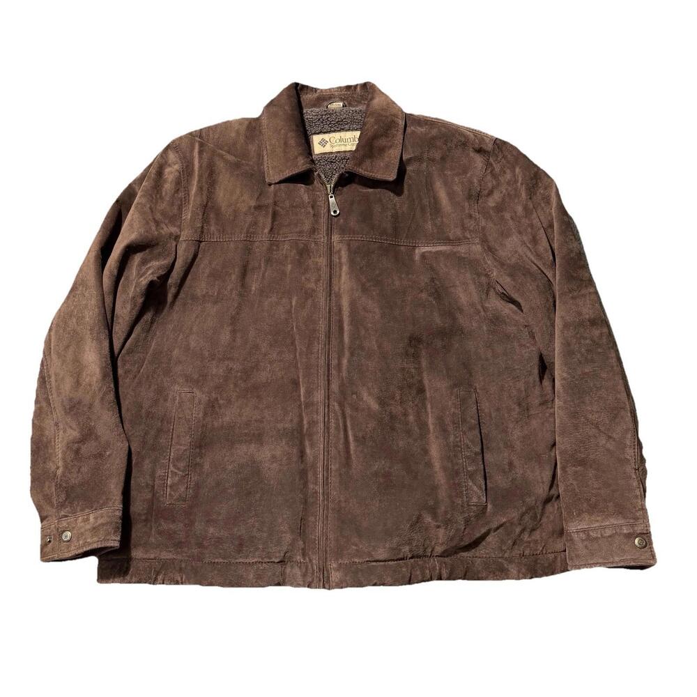 VTG Columbia Mens Suede Leather Barn Chore Jacket Sherpa Lined XXL Brown Zip - Picture 1 of 13